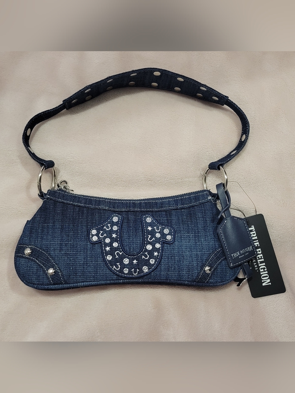 True Religion Dark Blue Denim Shoulder Bag with Studded Horseshoe